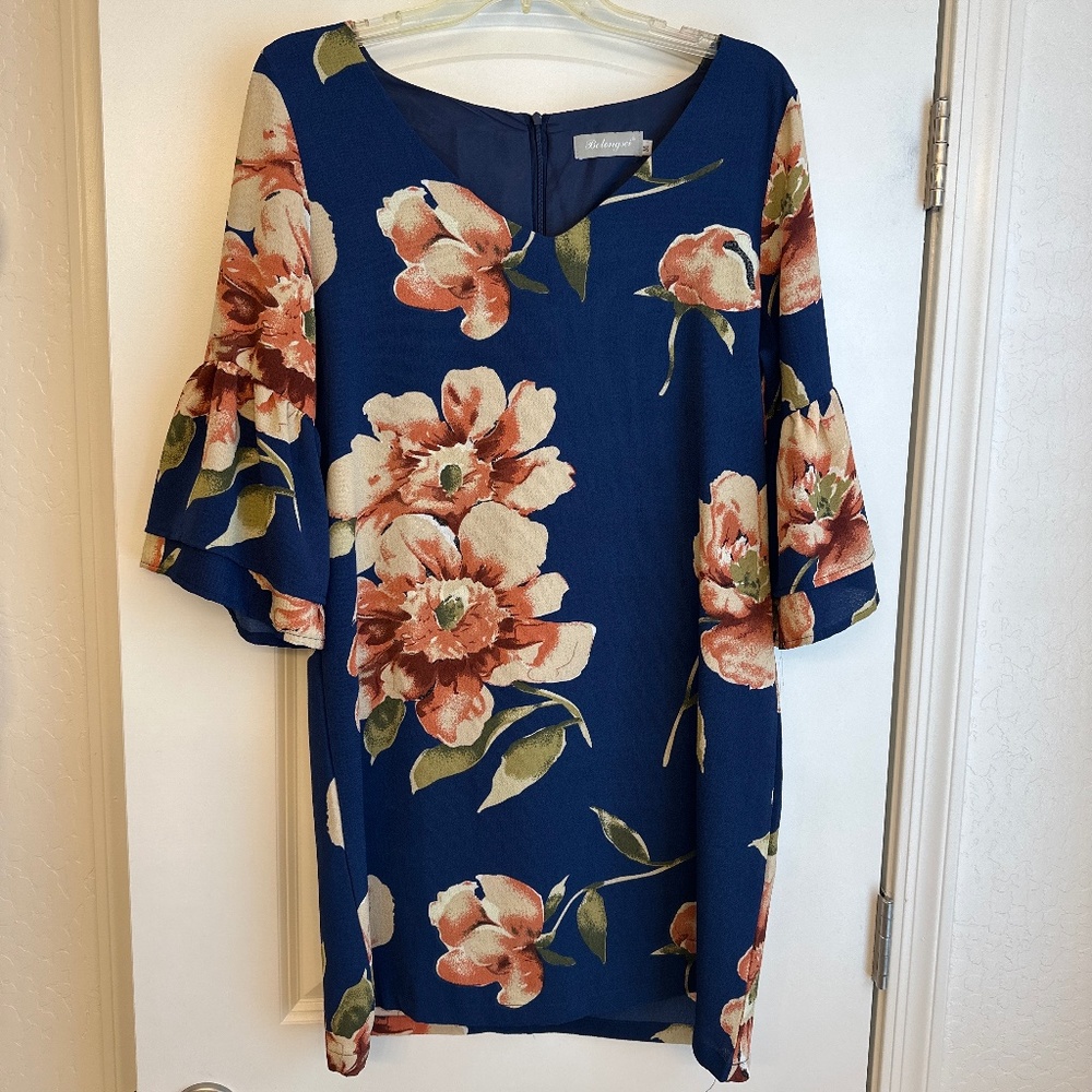 V-Neck Bell Sleeve FloralShift Dress